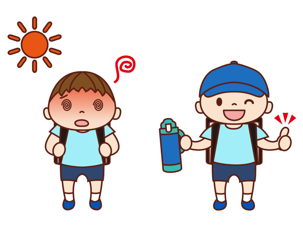 水筒と帽子で元気になった小学生